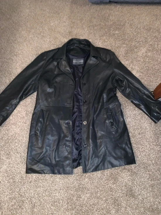 Men's Black Leather Bomber Jacket - Classic Button Front - Picture 1 of 4